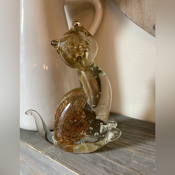 Art Gca Art Glass Studios Cat Clear Glass W Bubbles And Gold Flecks